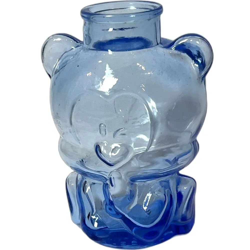 Vintage Morning Glory Blue Glass Bear Jar Vase Art Glass Bottle 76019 No Stopper